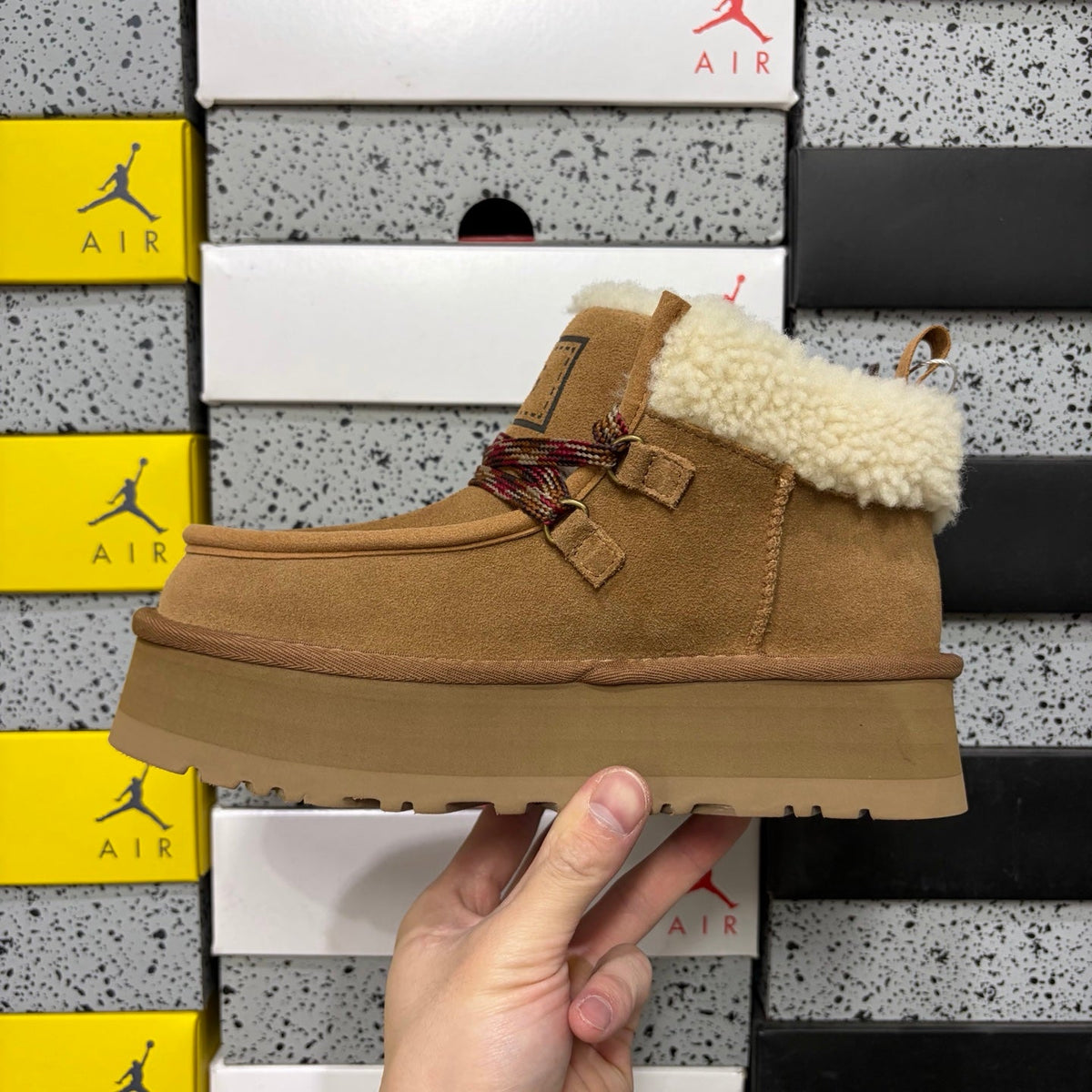 UGG Goldenstar Crafted Lace Women's Boot – Suede Moc-Toe Ankle Boot with Shearling Lining, Multi-Colour Woven Lace & Chunky Platform Sole in Chestnut