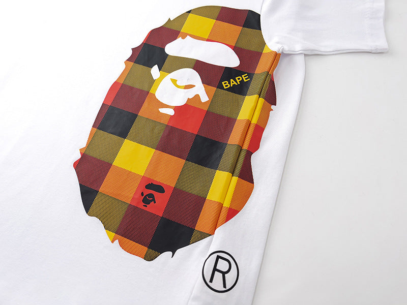 BAPE Red Plaid Side Ape Head Men's T-Shirt - White