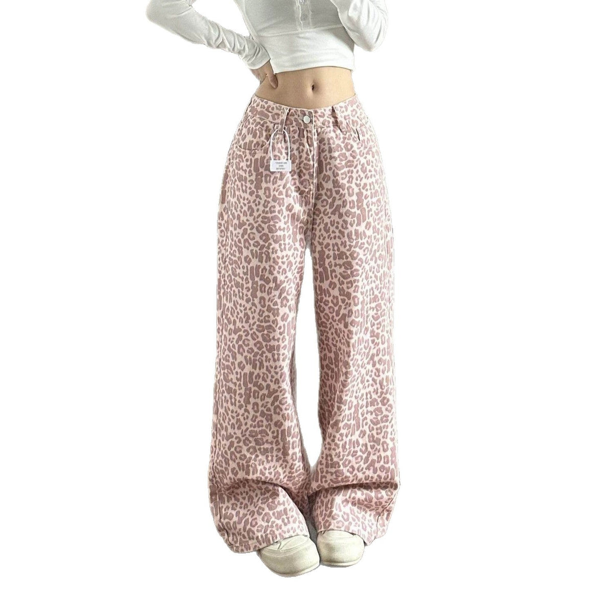 Pink Leopard Print High Waist Wide Leg Baggy Denim Trousers