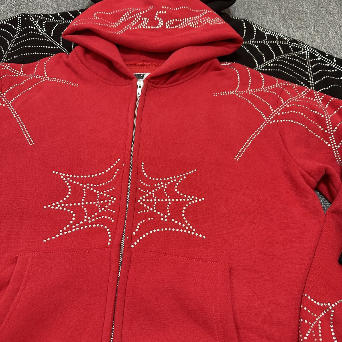 Sp5der Rhinestone Spiderweb Zip Hoodie & Pants Matching Set