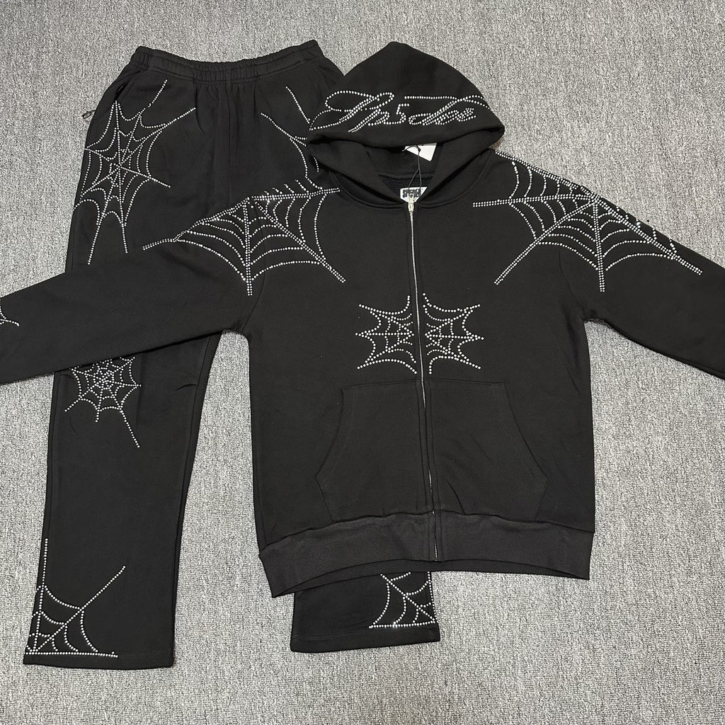 Sp5der Rhinestone Spiderweb Zip Hoodie & Pants Matching Set