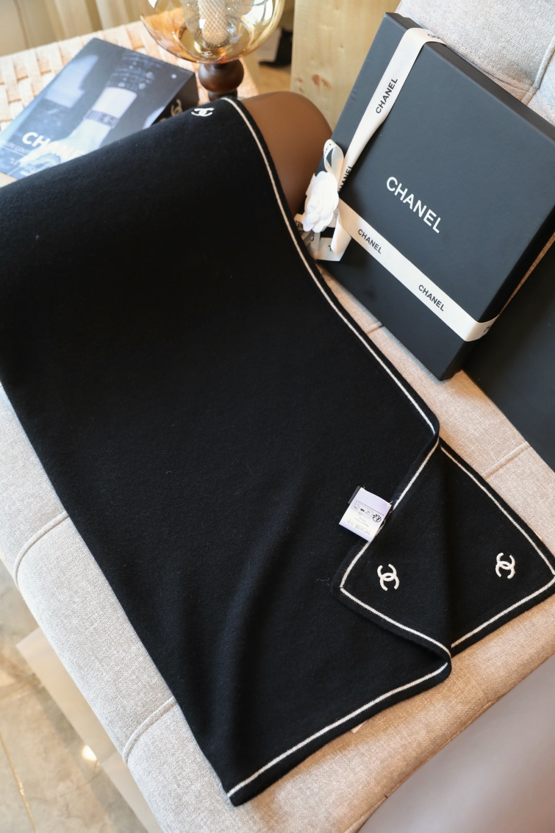 Chanel Style Contrast-Border Logo Scarf