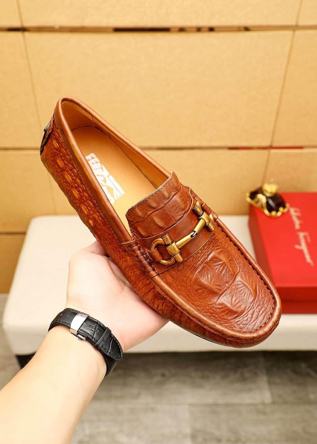 Ferragamo Brown Embossed Driving Loafers