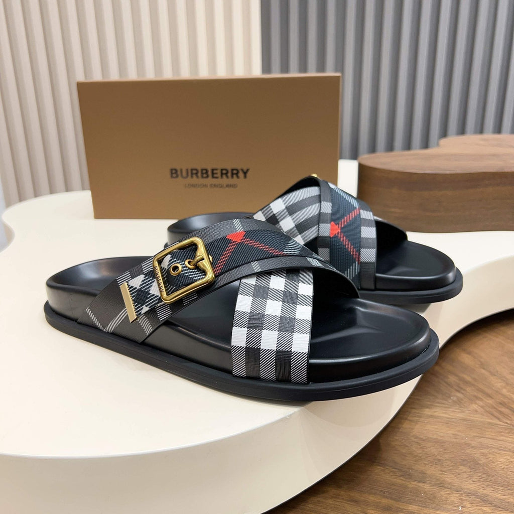 Burberry Check Cross-Strap Slide Sandals - Contoured Footbed