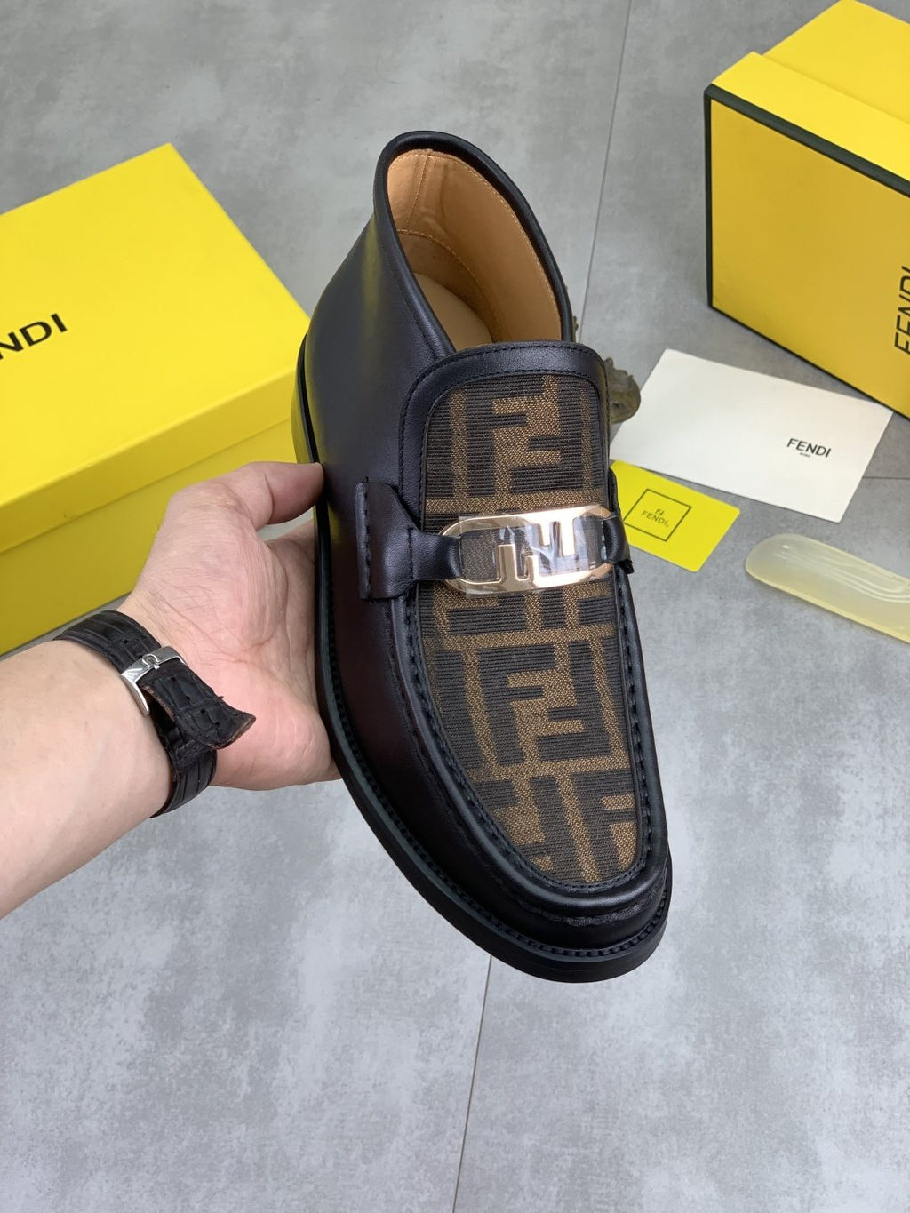 Fendi Men's Black and Brown Monogram Buckle Ankle Boots