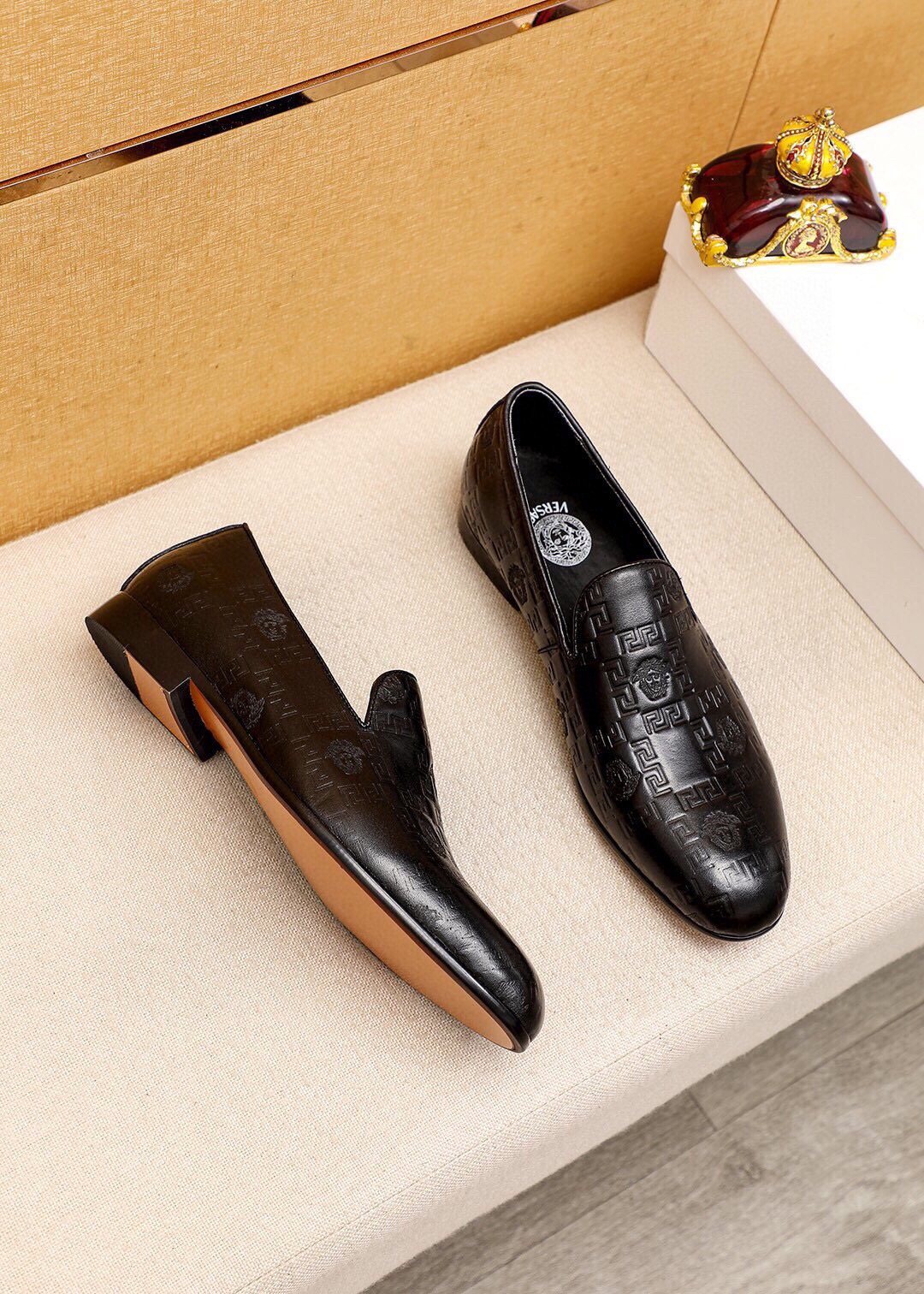 Versace Embossed Leather Slip-On Shoes