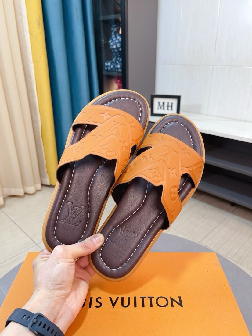 Louis Vuitton Men's Embossed Strap Slide Sandals - Open-Toe Slip-On Design